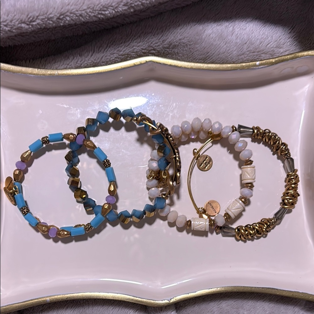 ALEX & ANI Antique Gold, Turquoise & Lilac 4 Piece Bangle Set W Seahorse Charm